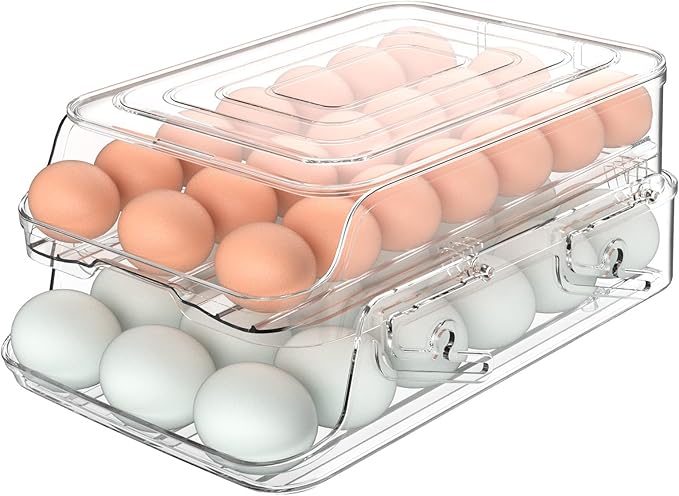 Egg Holder for Fridge, Foldable Automatic Rolling Egg Container for Refrigerator, Stackable Large-Capacity Egg Organizer Tray, Durable Clear Plastic Dispenser (3 dozens)