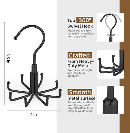 ZEDODIER Tie Hanger for Closet, 2 Pack Rotatable Tie Organizer for Men with 16 Hooks, Heavy Duty Space Saving Tie Rack for Ties and Belts, Black