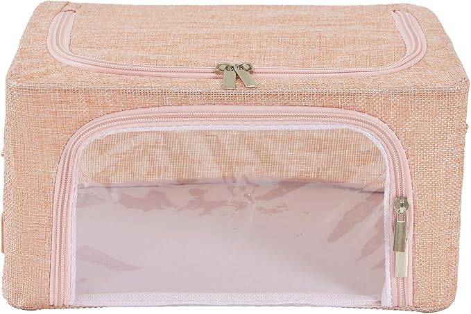 Periea Oxford Cloth Steel Frame Storage Boxes - Under-Bed or in Closet - Pack of 2 Compact Organizers (Pink Hemp)