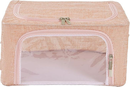 Periea Oxford Cloth Steel Frame Storage Boxes - Under-Bed or in Closet - Pack of 2 Compact Organizers (Pink Hemp)