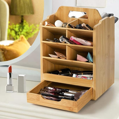 SOUJOY Bamboo Pen Holder Organizer, 360°Rotating Art Supply Storage Caddy, Hold 400+ Pencils, 15 compartments Office Desk Stand Box with Handle for Marker Pens, Colored Pencil, Art Brushes