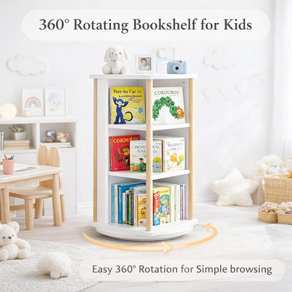 Ikebana Rotating Bookshelf Kids, 3 Tier Rotating Bookshelf Tower with Chalkboard, 360 Display Floor Standing Revolving Corner Bookcase and Narrow Book Shelf Organizer