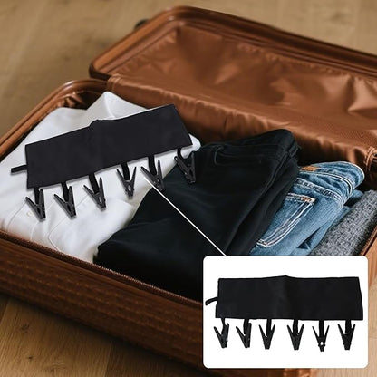 Mini Clothespins Travel Hangers 3-Pack: Foldable Portable Clothes Hangers w/ 6 Clips for Swimsuit, Towel & Sock Drying Rack - Cruise, Dorms, Travel (Black, Blue, Red)