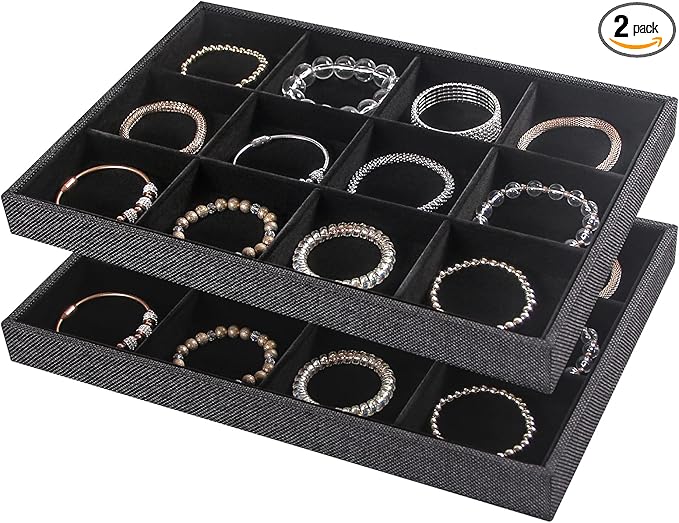 Julysky 2Pcs 12 Grids Stackable Jewelry Organizer Trays for Drawer,Bracelet Holder Box,Necklace Display Stand for Selling