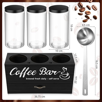 3 Pcs Coffee Canister Set with Shelf and Spoon Plastic Coffee Bean Storage Container with Lids Coffee Storage Box with Drawer Food Storage Jars for Coffee Bar Kitchen (Black)
