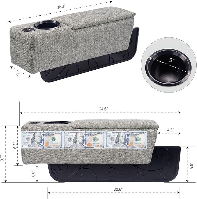 Multifunctional Sofa Armrest, Couch Armrest with Cup Holder, Removable Sofa Caddy with Storage,Equipped with LED Reading Light&Wireless Charge Stand, Grey