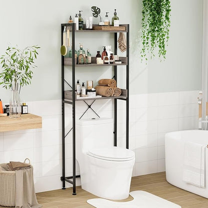 LOKO 3-Tier Over The Toilet Storage Rack, Bathroom Space Saver Shelf, Freestanding Above Toilet Organizer with 4 Hooks, Anti-Tipping Device, Metal Frame Toilet Rack for Balcony Laundry (Grey+Black)