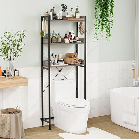 LOKO 3-Tier Over The Toilet Storage Rack, Bathroom Space Saver Shelf, Freestanding Above Toilet Organizer with 4 Hooks, Anti-Tipping Device, Metal Frame Toilet Rack for Balcony Laundry (Grey+Black)