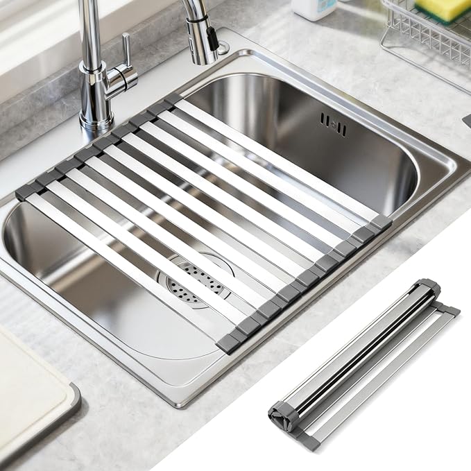 Hobychild 16.5" X 13" Roll Up Dish Drying Rack，Over The Sink Drying Rack 304 Stainless Steel Foldable Heat-Resistant Dishes Drainer for Kitchen and RV Sink Counter