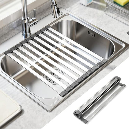 Hobychild 16.5" X 13" Roll Up Dish Drying Rack，Over The Sink Drying Rack 304 Stainless Steel Foldable Heat-Resistant Dishes Drainer for Kitchen and RV Sink Counter