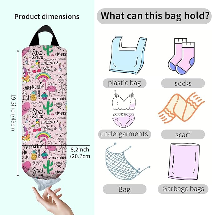 Plastic Bag Holder, Wall Mount Grocery Bag Organizer, Funny Hanging Trash Bag Storage Dispenser for Home Kitchen Cute Unicorn