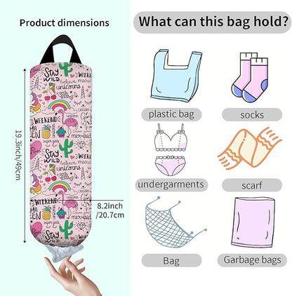 Plastic Bag Holder, Wall Mount Grocery Bag Organizer, Funny Hanging Trash Bag Storage Dispenser for Home Kitchen Cute Unicorn