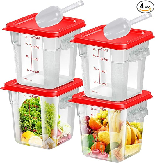 FeyBuosk 4 pcs 8qt Food Storage Containers with Lid, Square Clear Commercial Food Storage Containers with Handle and Scale for Food Storage in Home Kitchen & Dining (Red)