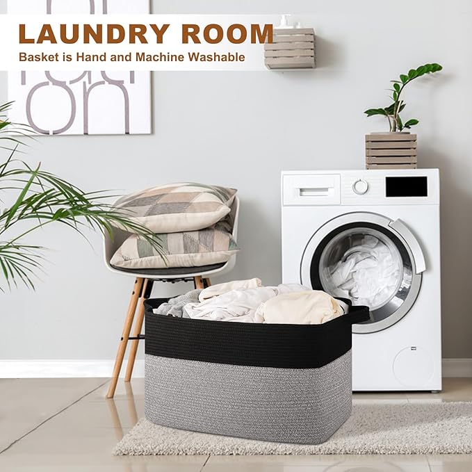 Extra Large Laundry Basket, 95L Blanket Basket for Living Room, Cotton Rope Toy Storage for Kids, Woven Storage for Clothes, Towels, Pillows, 24" x 17" x 14", Pink and White