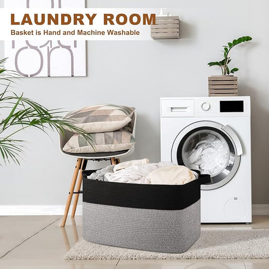 Extra Large Laundry Basket, 95L Blanket Basket for Living Room, Cotton Rope Toy Storage for Kids, Woven Storage for Clothes, Towels, Pillows, 24" x 17" x 14", Pink and White
