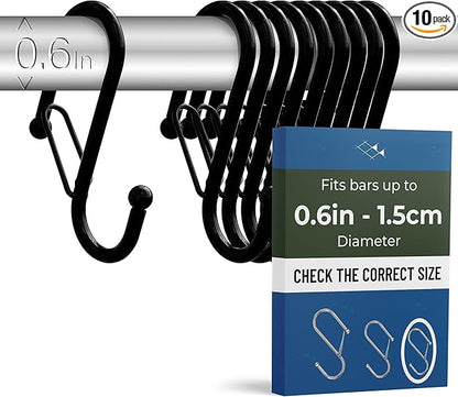 Blau Marité 10-Pack Metal S Hooks for Hanging – Heavy-Duty S-Shaped Hook with Safety Buckle – Fits Bars up to 0.6 in – Anti-Drop Hooks for Kitchen, Pot Racks & Towel Bars – Black (Small)