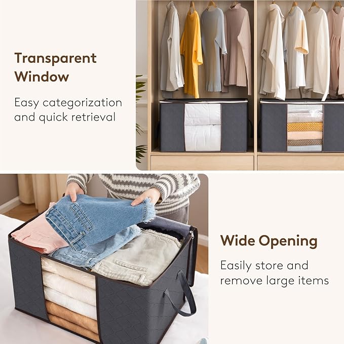 Lifewit Large Capacity Clothes Storage Bag Organizer with Reinforced Handle Thick Fabric for Comforters, Blankets, Bedding, Foldable with Sturdy Zipper, Clear Window, 21 Pack, 90L, Grey