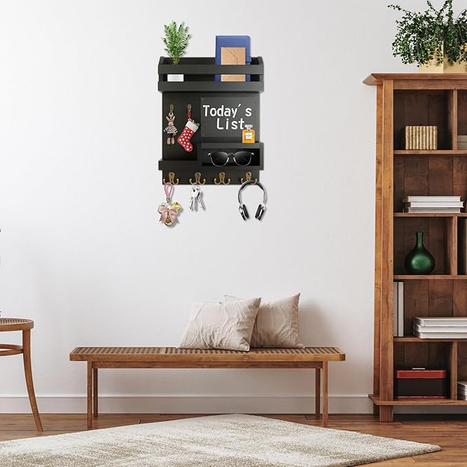 Large Key and Mail Holder Wall Mount, 12.5x16.5 Inch Solid Wood Key Racks for Entryway, Front Door, Hallway, Wall Organizer (Matte Black)