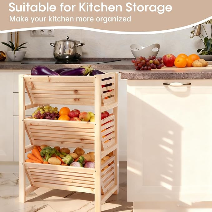 Wooden Potato Onion Storage Organizer, 3-Tier Stackable Pantry Cabinet & Countertop Basket for Kitchen, Vegetable Fruit Produce Bread Basket, Fir Wooden Storage Rack