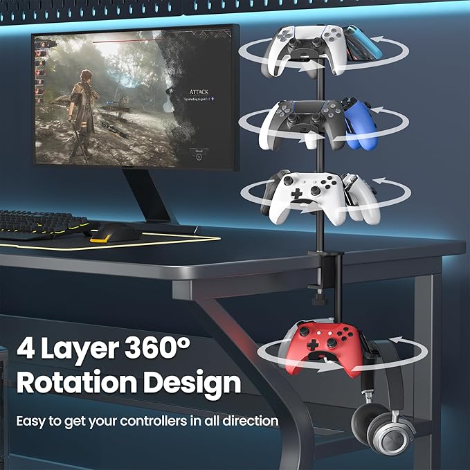 Rotatable Aluminum Desk Clamp Controller Holder, 4 Tier Universal Under Desk Controller Headphone Stand Compatible with Xbox PS5 Nintendo Switch PS4, Gaming Headset Holder Hanger (Black)
