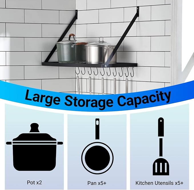 Miyili Wall Mounted Hanging Pot Rack – 30 by 13-Inch Kitchen Organizer with 10 Hooks, Space-Saving Cookware Hanger for Pots & Pans, Black