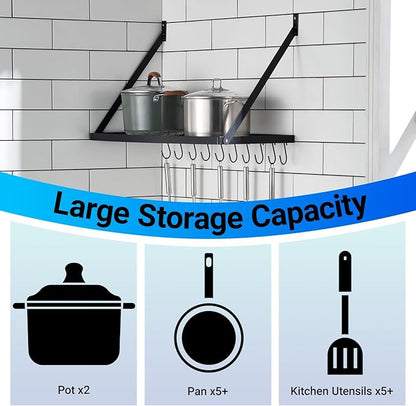 Miyili Wall Mounted Hanging Pot Rack – 30 by 13-Inch Kitchen Organizer with 10 Hooks, Space-Saving Cookware Hanger for Pots & Pans, Black
