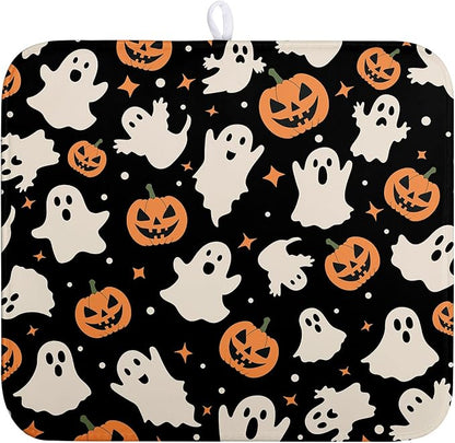 Wnoesat Halloween Dish Drying Mat for Kitchen Counter Pumpkin Spooky Ghosts Fall Dish Mat Absorbent Microfiber Reversible Dish Draining Mat Medium Dishes Pad 16 X 18 Inch