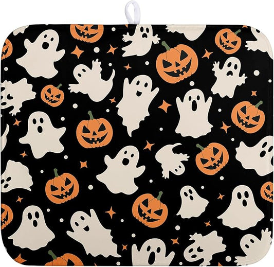 Wnoesat Halloween Dish Drying Mat for Kitchen Counter Pumpkin Spooky Ghosts Fall Dish Mat Absorbent Microfiber Reversible Dish Draining Mat Medium Dishes Pad 16 X 18 Inch