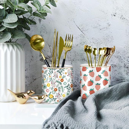 WAVEYU Pencil Holder for Desk, Ceramic Pencil Pens Cup Cute Makeup Brush Holder, Unique Desk Multifunctional Pen Organizer for Home, Office, Strawberries Pattern