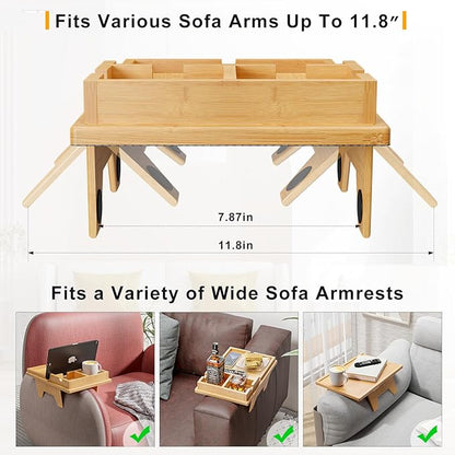Bamboo Couch Cup Holder Tray - 2 in 1 Couch Armrest Table with Be Slide-Away Detachable Double Holder - Sofa Armchair Caddy for Drinking Snacks iPad TV Remote
