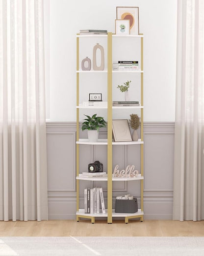 Corner Shelf Stand, Corner Bookshelf, Storage Standing Shelf Unit with Metal Frame, Plant Stand, Corner Bookcase for Living Room, Home Office, Bedroom, 6-Tier White Gold CS06003A