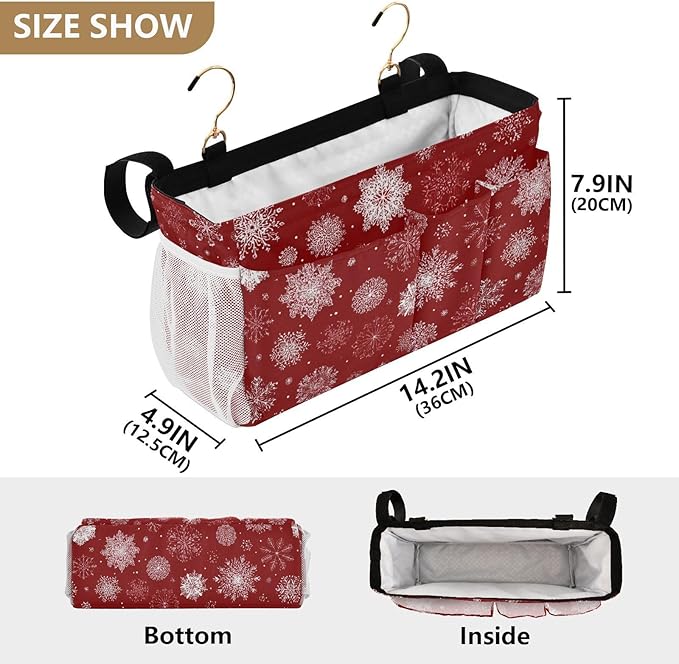 CuwrYet Bedside Caddy Hanging Bunk Bed Caddy Bed Organizer Hanging Pocket with 2 Hooks Bedside Storage Organizer Pocket Bag Holder Red Christmas Snowflakes