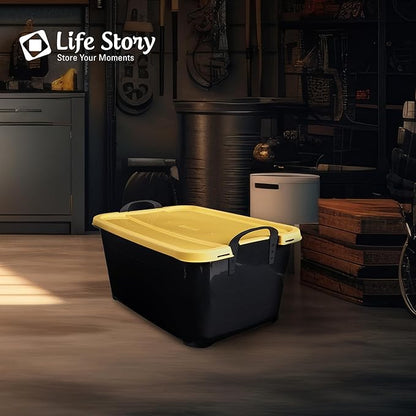 Life Story 18 Pack Heavy Duty Stackable Storage Bin, 55 Quart Home Organizer, Versatile Lightweight Locking Bins with Carrying Handles, Black/Yellow