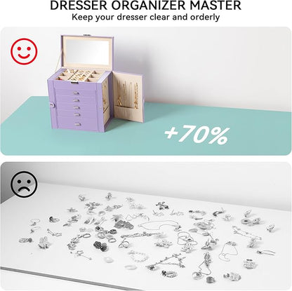 Frebeauty Large Jewelry Box,6-Tier PU Leather Jewelry Organizer,Multi-functional Storage Case with Mirror,Accessories Holder with 5 Drawers for Necklace Bracelets Watches（Purple）