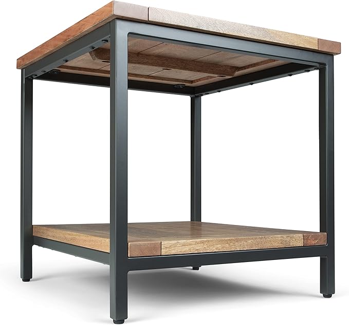 SIMPLIHOME Skyler End Table - 22 inch Wide Solid Mango Wood and Metal Side Table in Natural, Industrial Accent Table for Living Room or Bedroom with Open Storage Shelf, Assembled