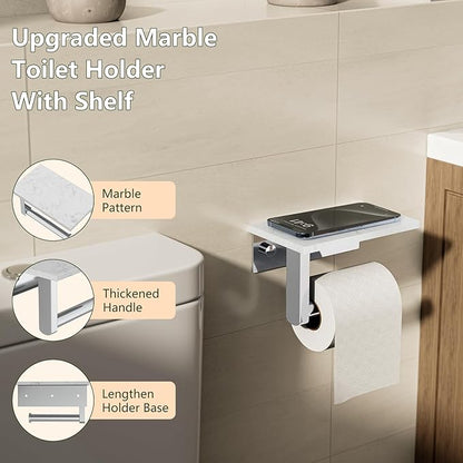 Marble Toilet Paper Holder with Shelf, Evolvegoods Chrome Bathroom Toilet Paper Holder Wall Mount, 304 Stainless Steel Modern Toilet Paper Roll Holder Storage Tissue Holder
