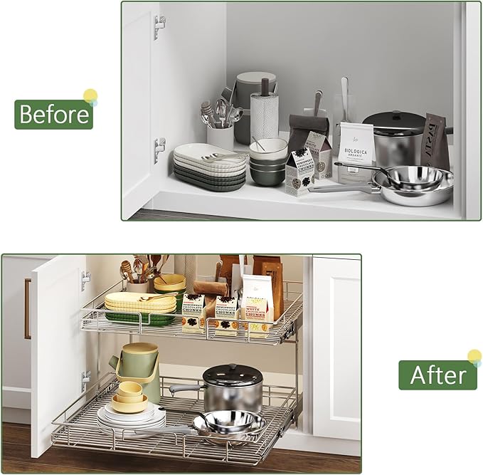 MODCART 2 Tier Individual Pull Out Cabinet Organizer 27" W x 21½" D, Heavy Duty Cabinet Pull Out Shelves, Slide Out Drawers Organization for Kitchen Cabinets Bathroom