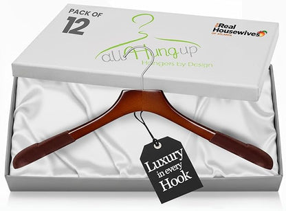 All Hung Up Hangers - Premium Luxe Wooden Hangers for Women, Wide Shoulder Design for Dresses, Skirts, Sweaters & Blouses, Heavy Duty with Velvet Grip, High Gloss Brown with Brown Velvet, 12 pcs