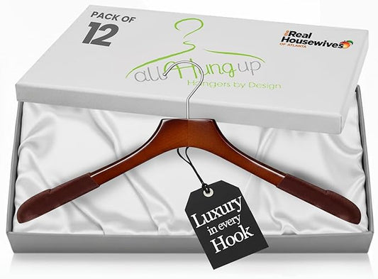 All Hung Up Hangers - Premium Luxe Wooden Hangers for Women, Wide Shoulder Design for Dresses, Skirts, Sweaters & Blouses, Heavy Duty with Velvet Grip, High Gloss Brown with Brown Velvet, 12 pcs