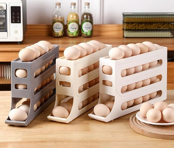 24 Eggs Egg Holder for Fridge,4 Tiers Egg Container,Auto Rolling Fridge Egg Organizer for Refrigerator,Space-Saving Egg Dispenser Holder,Fridge Egg Rack (White, 1pack)