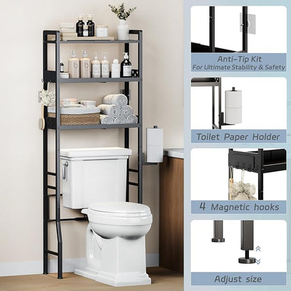 HEVONTIXAL Adjustable Over The Toilet Storage Shelf,3-Tier Metal Over Toilet Organizer with Toilet Paper Holder & Hooks,Space-Saving Option for Small Bathrooms, Black,(22 in- 27 in Wide)