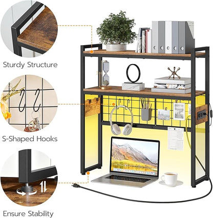 HOOBRO Desktop Bookcase, 2-Tier Desktop Organizer, 29.9" Wooden Office Storage Rack with Outlets, Display Shelf Rack with Light Strip, Desk Hutch for Office, Rustic Brown BF11UDSJ01