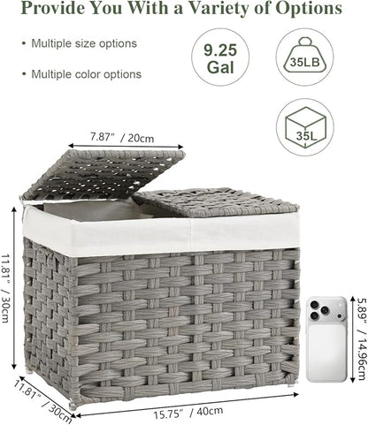 Storage Basket with Lid Woven Wicker Baskets with 2 Separate Lid, 9.2 Gallon (35 L) Wicker Storage Bins with Handles, Foldable and 2 Removable Liner Bags for Bedroom, Laundry Room Gray