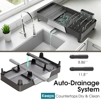 FOXHIVE Large Expandable Dish Drying Rack, Dish Racks for Kitchen Counter, Space Saving & Rust Resistant Dish Drainer with Removable Drainboard & Utensil Holder, Adjustable Length 16.4 to 24.4 Inches