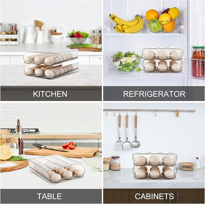Egg Holder for Fridge, Automatically Rolling Egg Storage Container for Refrigerator,Large Capacity Egg Organizer for Fridge with Lid,Clear Plastic Dispenser, Tray & Bin -2 Layer