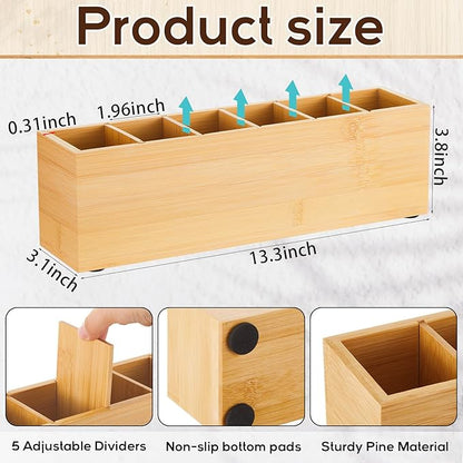 Jetec Wooden Pencil Pen Holder for Desk 6 Compartments Wood Office Desk Organizers for Countertop Adjustable Makeup Brush Organizer Silverware Caddy for Party, Home, Art Supplies(Bamboo)