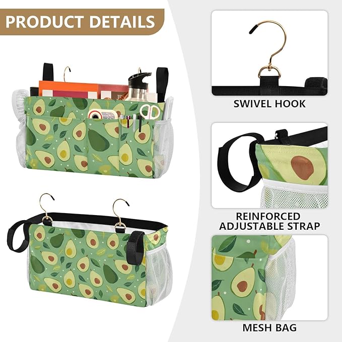 CuwrYet Bedside Caddy Hanging Bunk Bed Caddy Bed Organizer Hanging Pocket with 2 Hooks Bedside Storage Organizer Pocket Bag Holder Green Avocado and Leaf