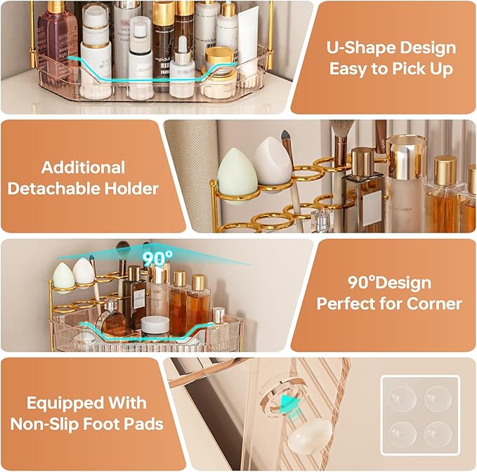 ZZWILLB Corner Bathroom Counter Organizer with Makeup Brush Holder & Toothbrush Holders, Makeup Organizer for Vanity Countertop, Acrylic Skincare Storage Shelf (Amber, 2-Tier)