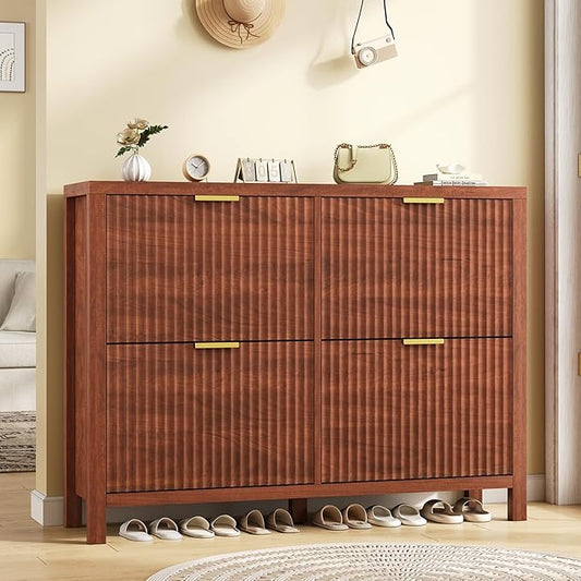 YOMILUVE Shoe Cabinet Storage for Entryway, Fluted Walnut Shoe Cabinet with 4 Flip Drawers, Hidden Shoe Rack Freestanding Wooden Shoe Organizer with Legs for Hallway