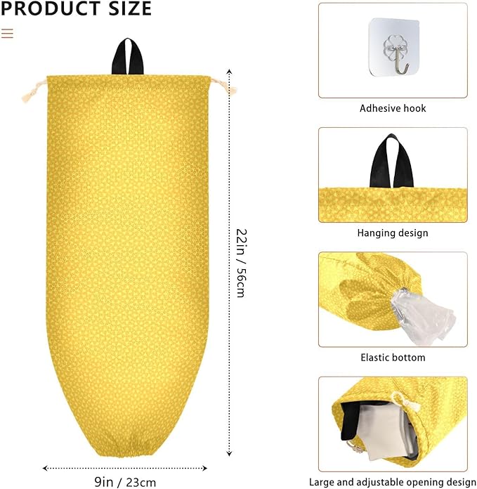 1 PC Plastic Bag Holder Wall Mount Grocery Bag Holder Shopping Bag Trash Bag Storage Organizer Dispenser for Kitchen Closet 22 x 9 Inch Geometric Yellow